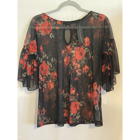 Curvy Sense Tops - Curvy Sense Shirt Sheer Black Red Floral Bell Sleeves Women’s Size 2X